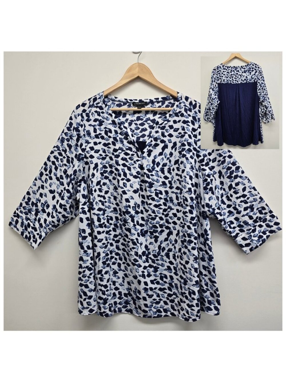 Lane Bryant Abstract Blouse Top 3/4 Sleeve Size 18/20 Solid Navy Back Panel